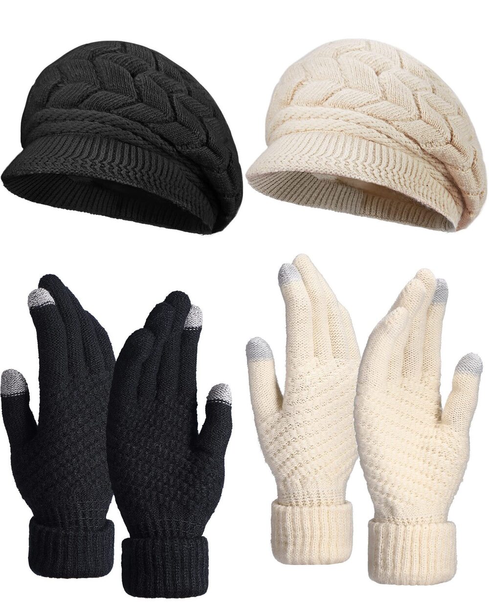 5162 4 Pieces Winter Hat and Glove Set, Warm Knitted Beanie Hat Snow Ski